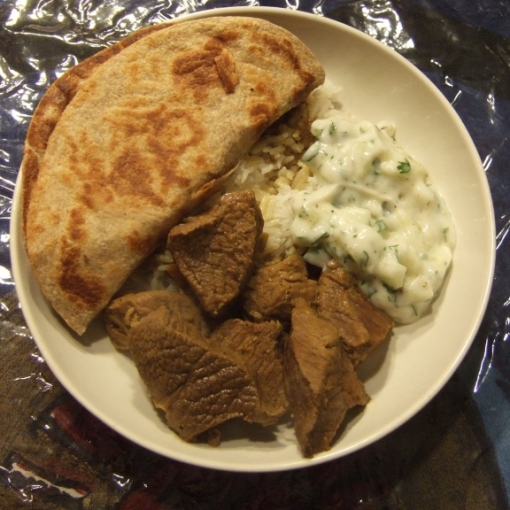 Elaichi Gosht, rice, chapati and raita